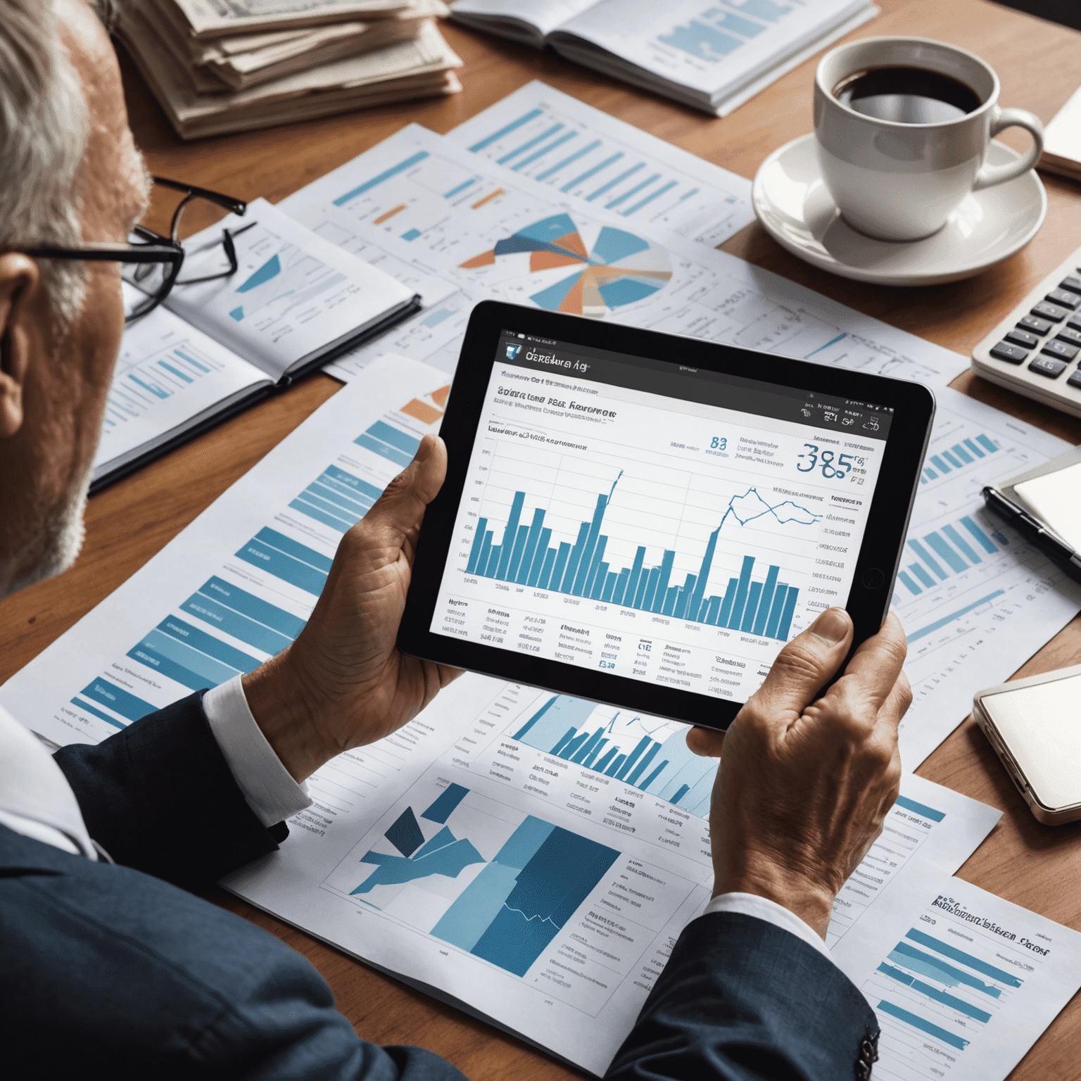 A collage of financial charts, Australian currency, and a person reading financial news on a tablet