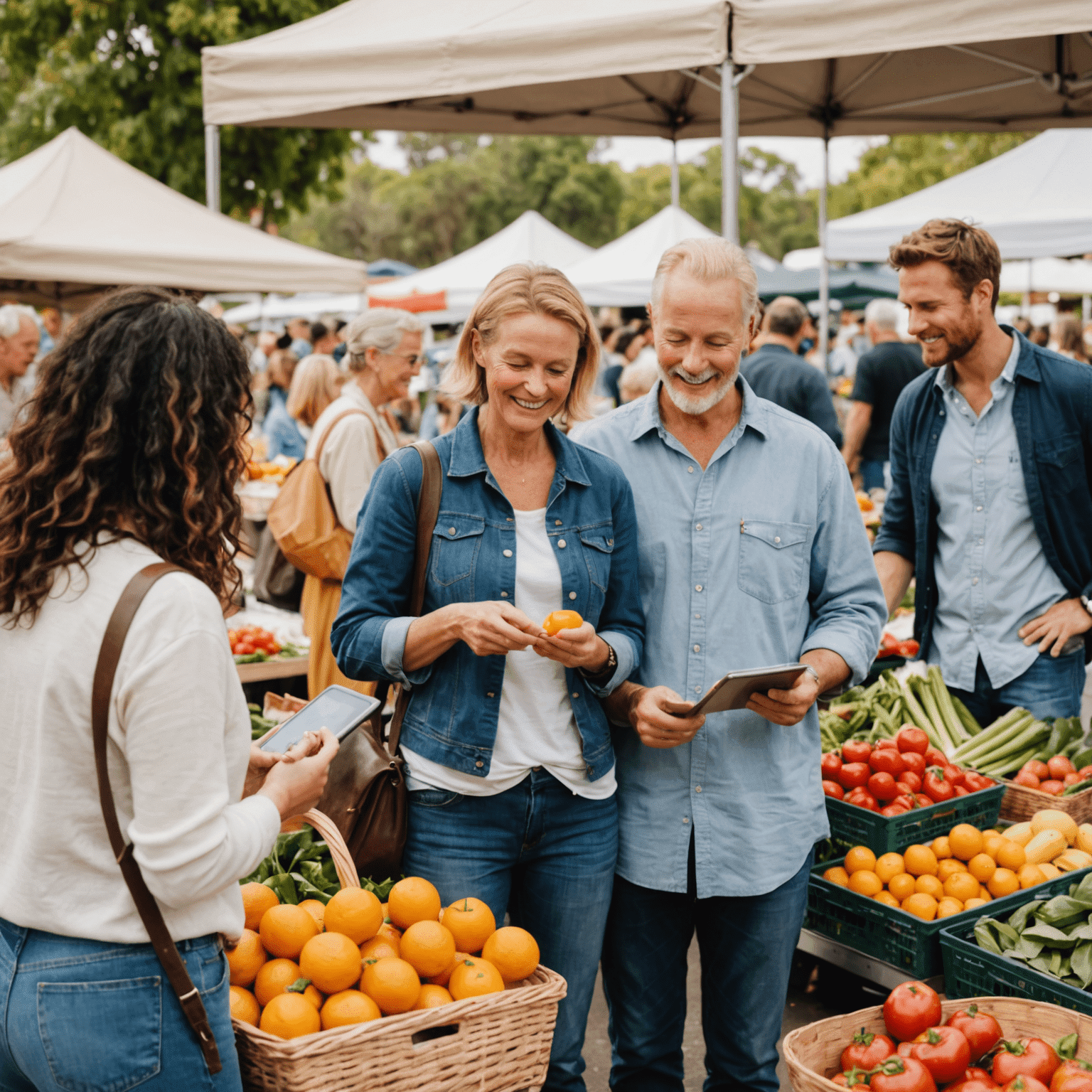 A diverse group of Australians shopping at a local farmers market, comparing prices and selecting fresh produce