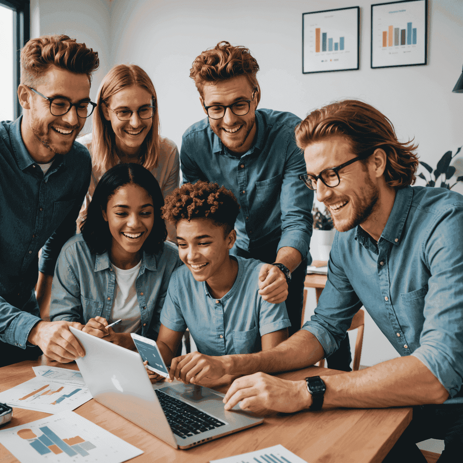 A diverse group of young Australians gathered around a laptop, looking at investment charts and graphs. They appear excited and engaged, symbolizing the accessibility of investing for beginners.