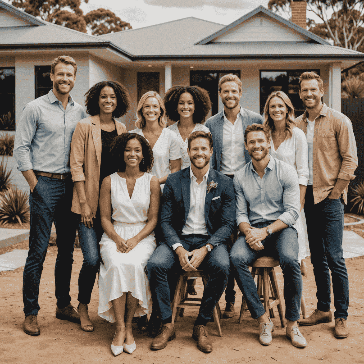 A diverse group of smiling Australians in everyday situations, such as renovating a home, buying a car, or planning a wedding