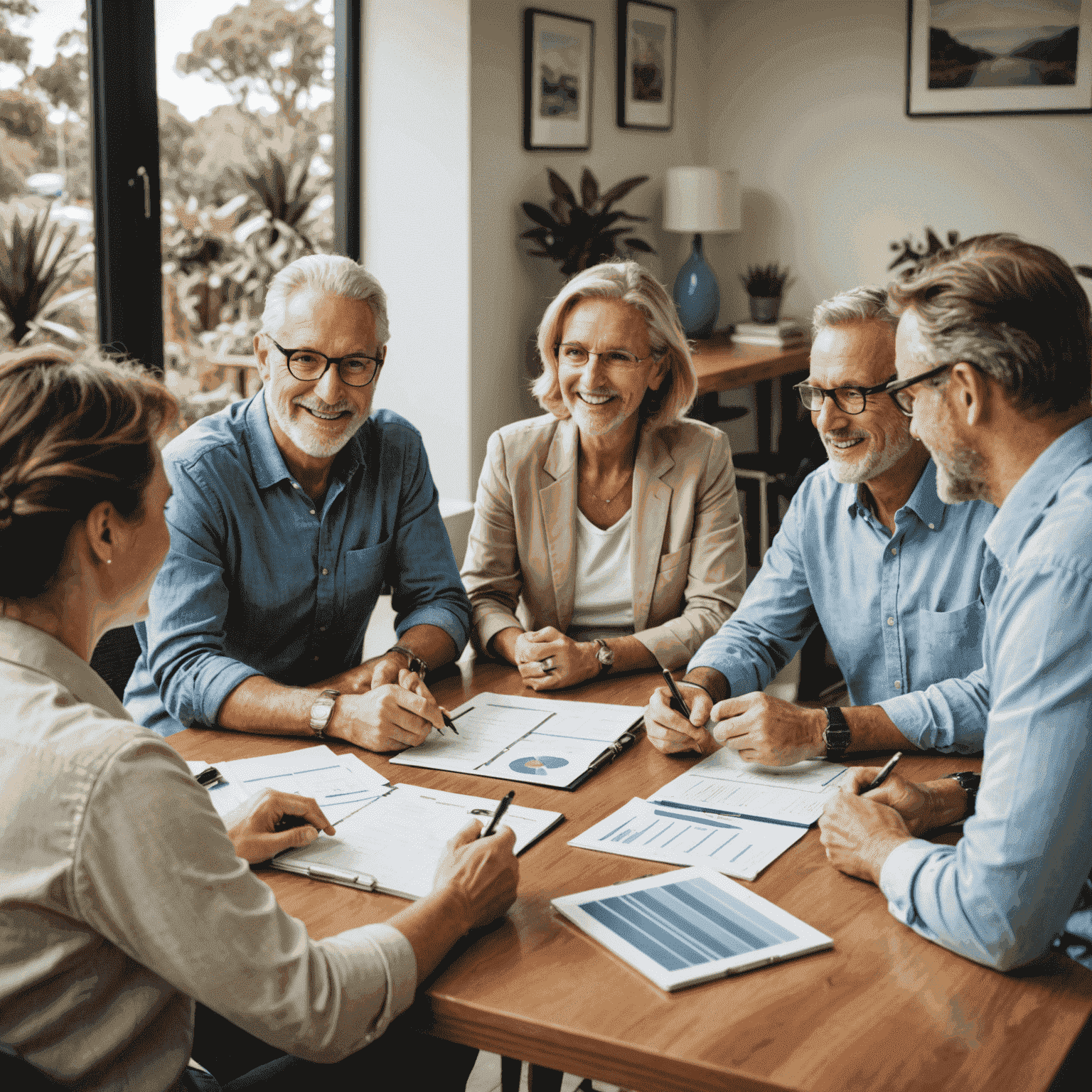 A diverse group of Australians sitting around a table, discussing financial plans with a friendly advisor. The image shows a mix of ages and backgrounds, emphasizing the inclusive nature of our financial planning services.