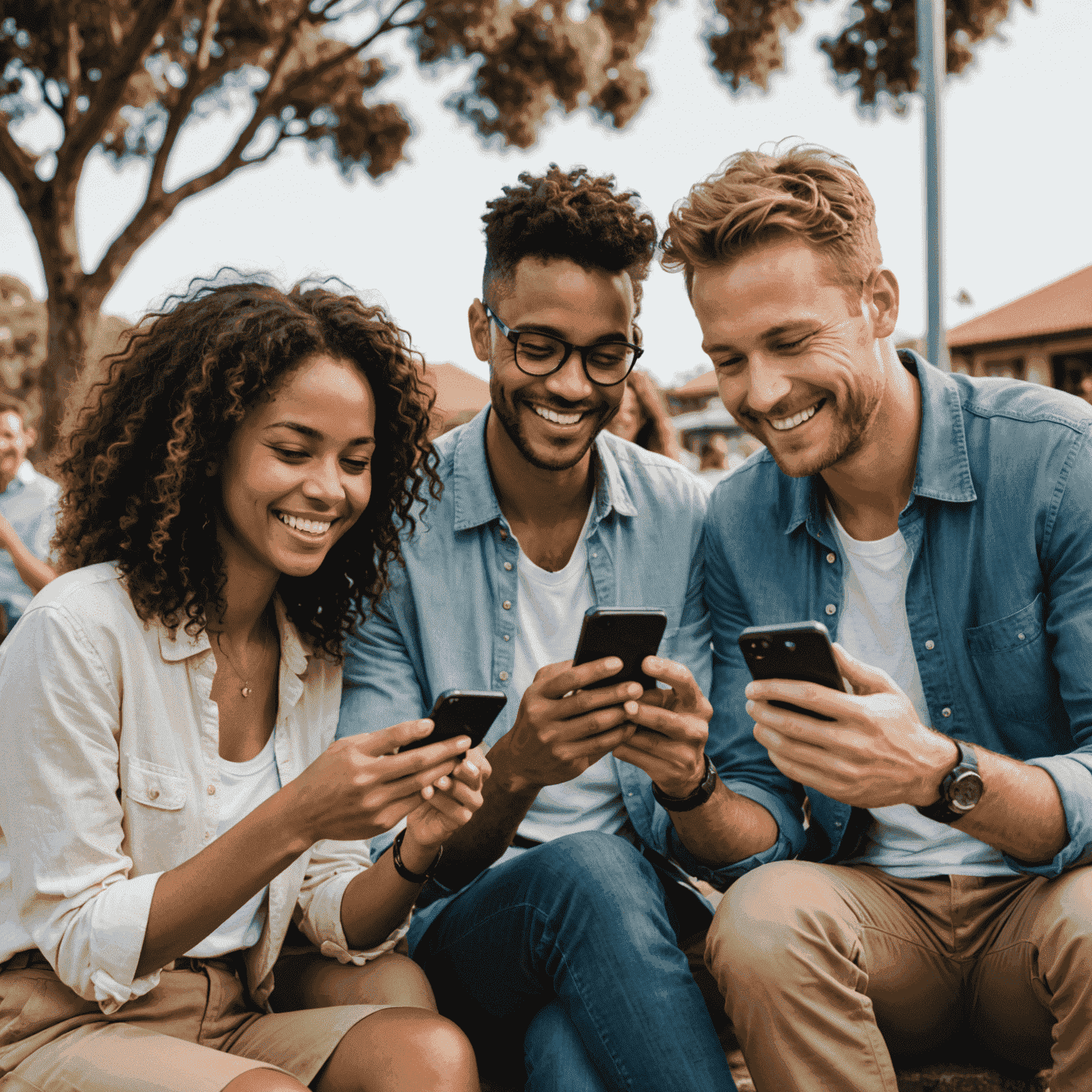 A diverse group of smiling Australians looking at their mobile phones, representing people checking their credit scores and feeling confident about their financial future