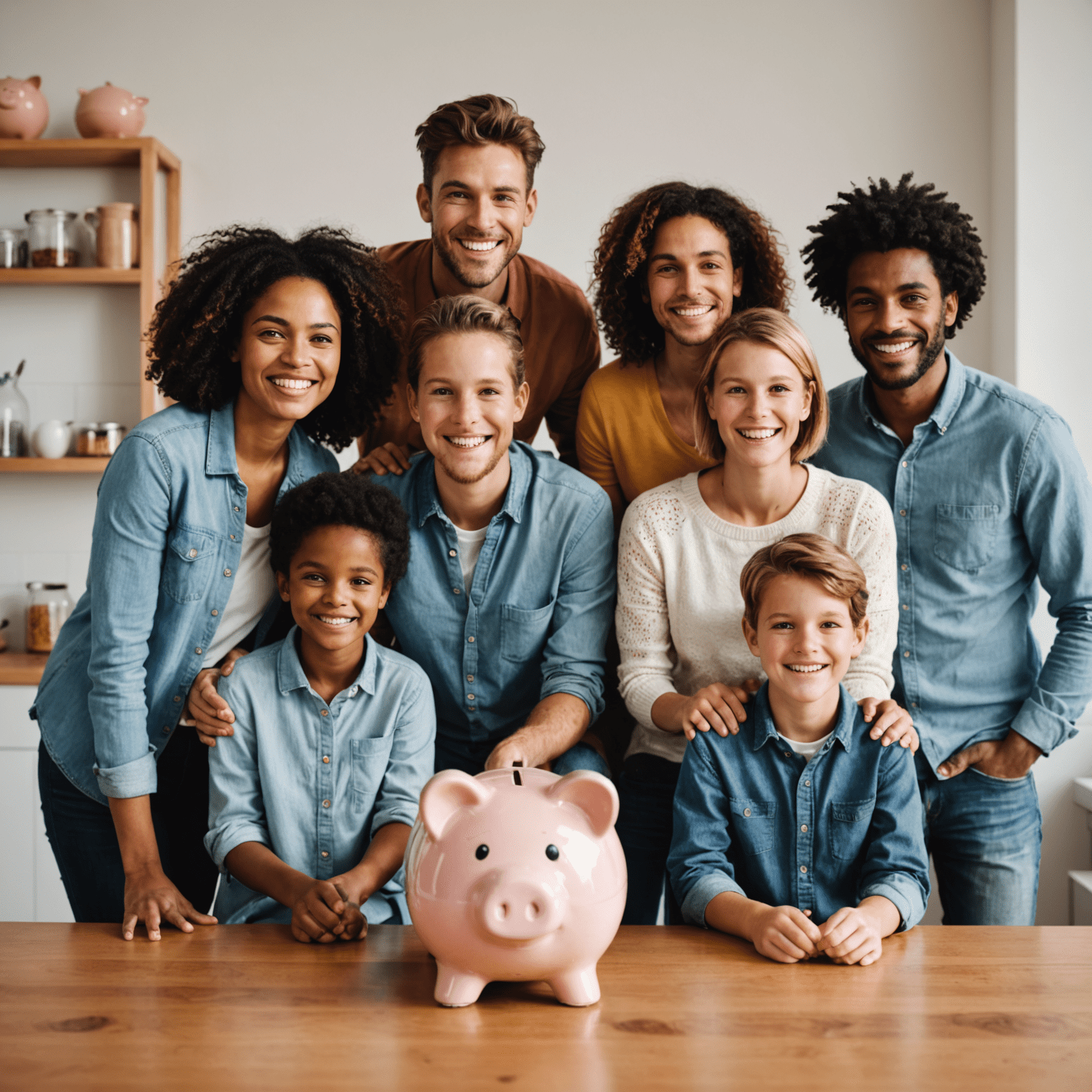 A diverse group of smiling Australians standing in front of a piggy bank, symbolizing the growth of their savings