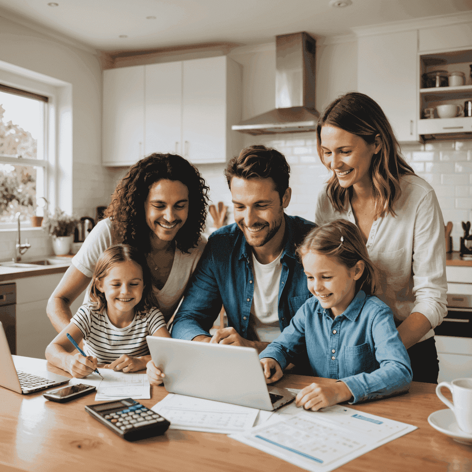 A smiling Australian family planning their budget at a kitchen table with a laptop and calculator