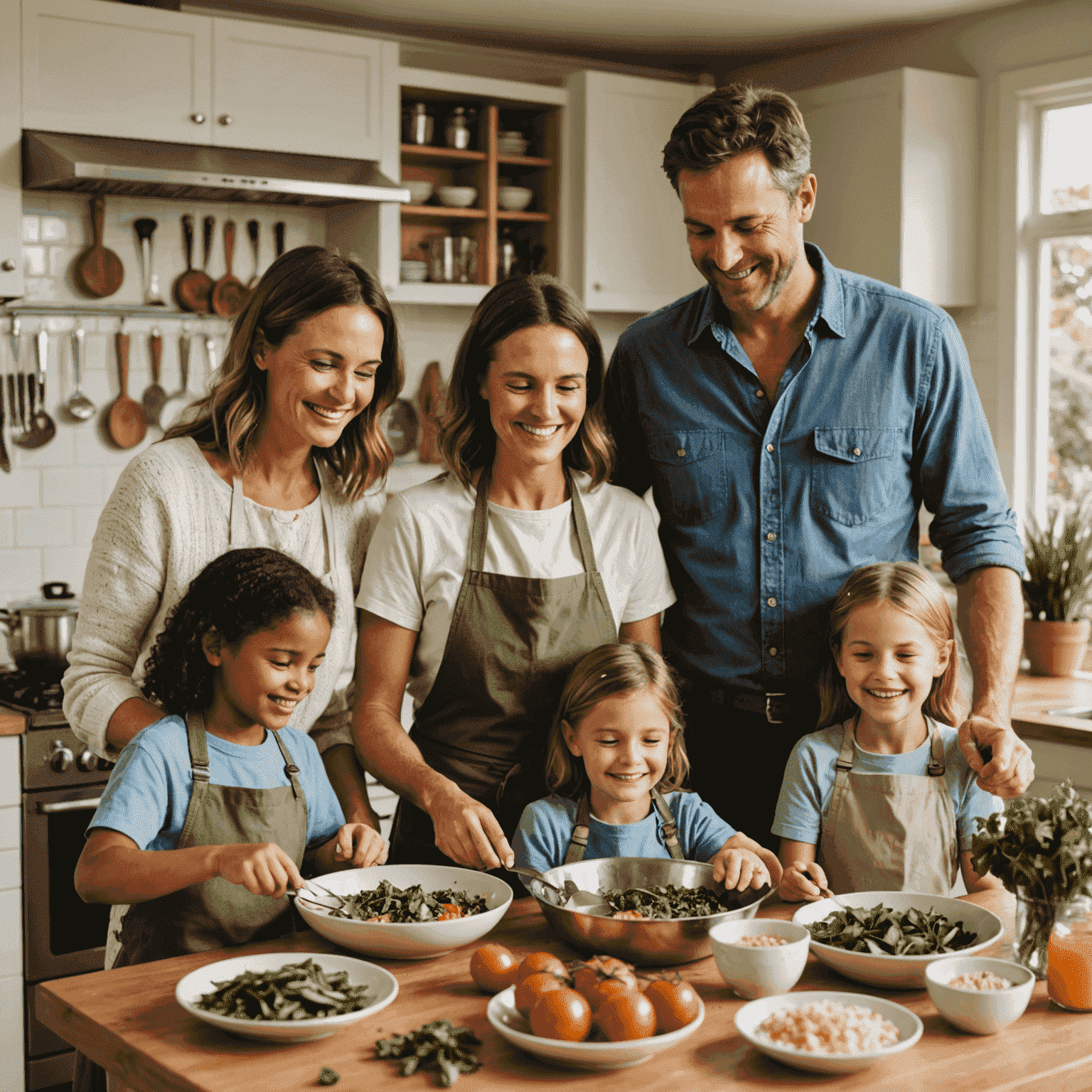 A smiling Australian family cooking a meal together in their kitchen, using budget-friendly ingredients and home-grown herbs