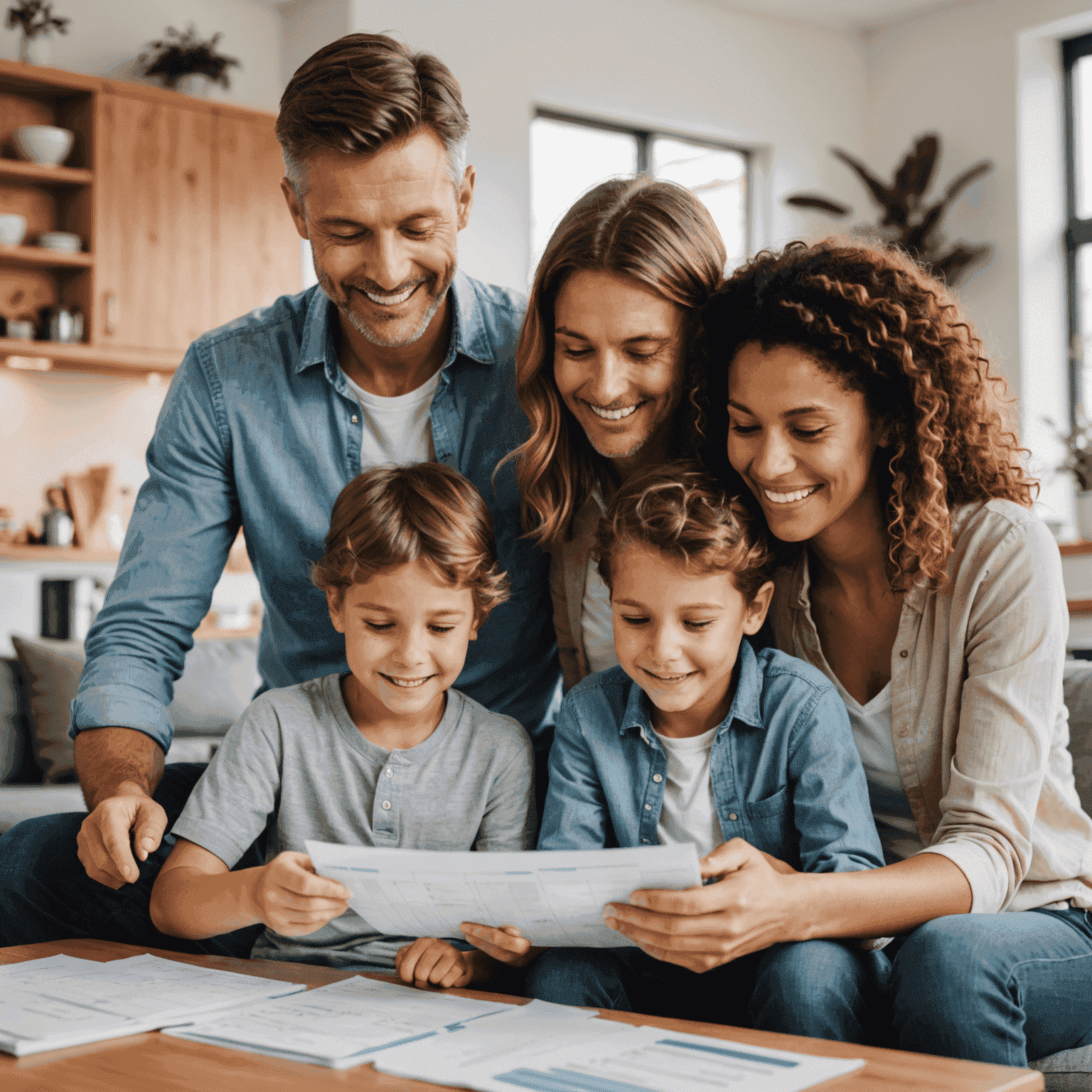 An Australian family looking relieved while reviewing their simplified debt consolidation plan, illustrating the stress-reducing benefits of our service