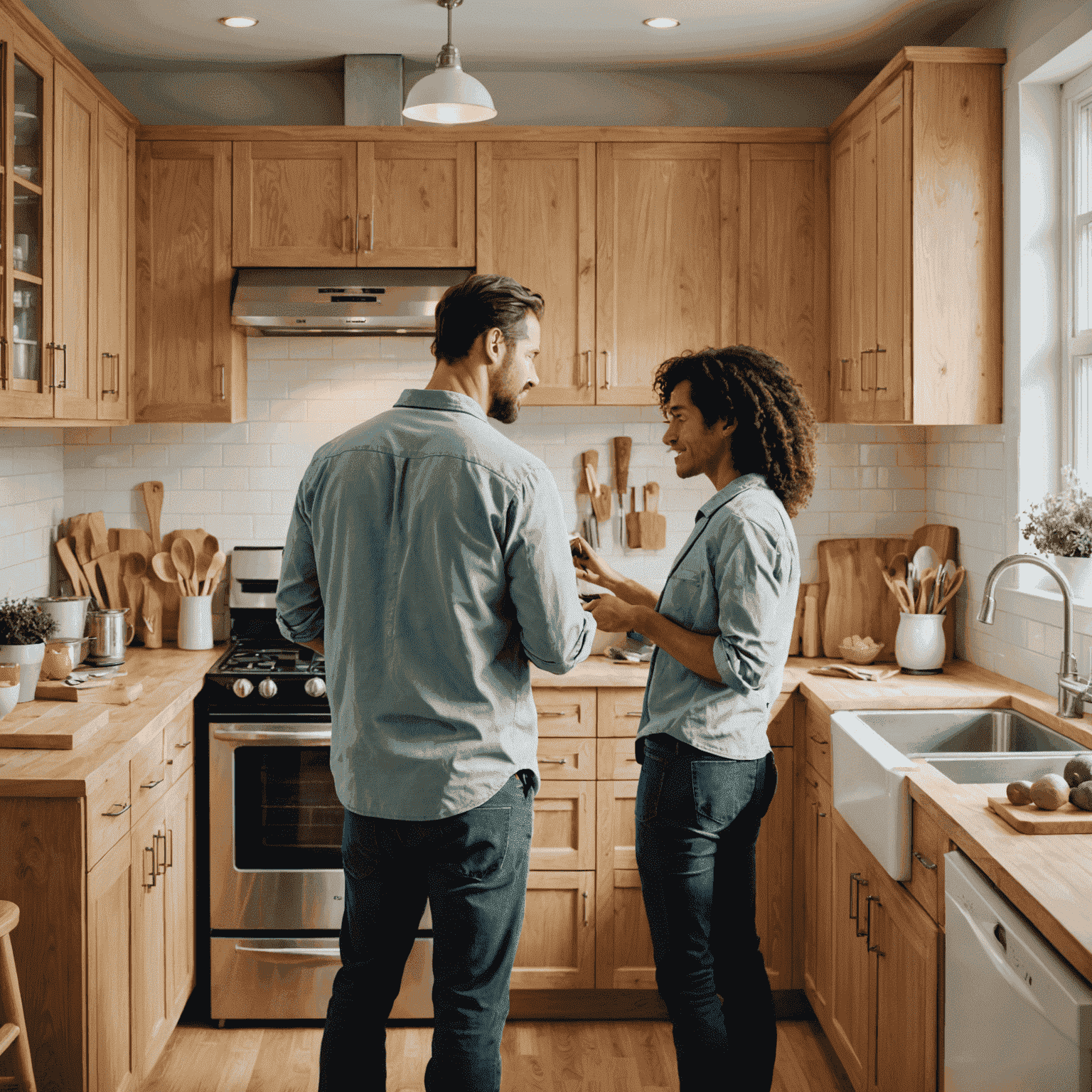 A couple renovating their kitchen, painting walls and installing new cabinets