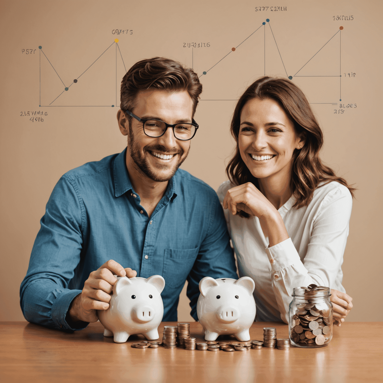 A graph showing the growth of savings over time, with a happy Australian couple looking at their increasing wealth