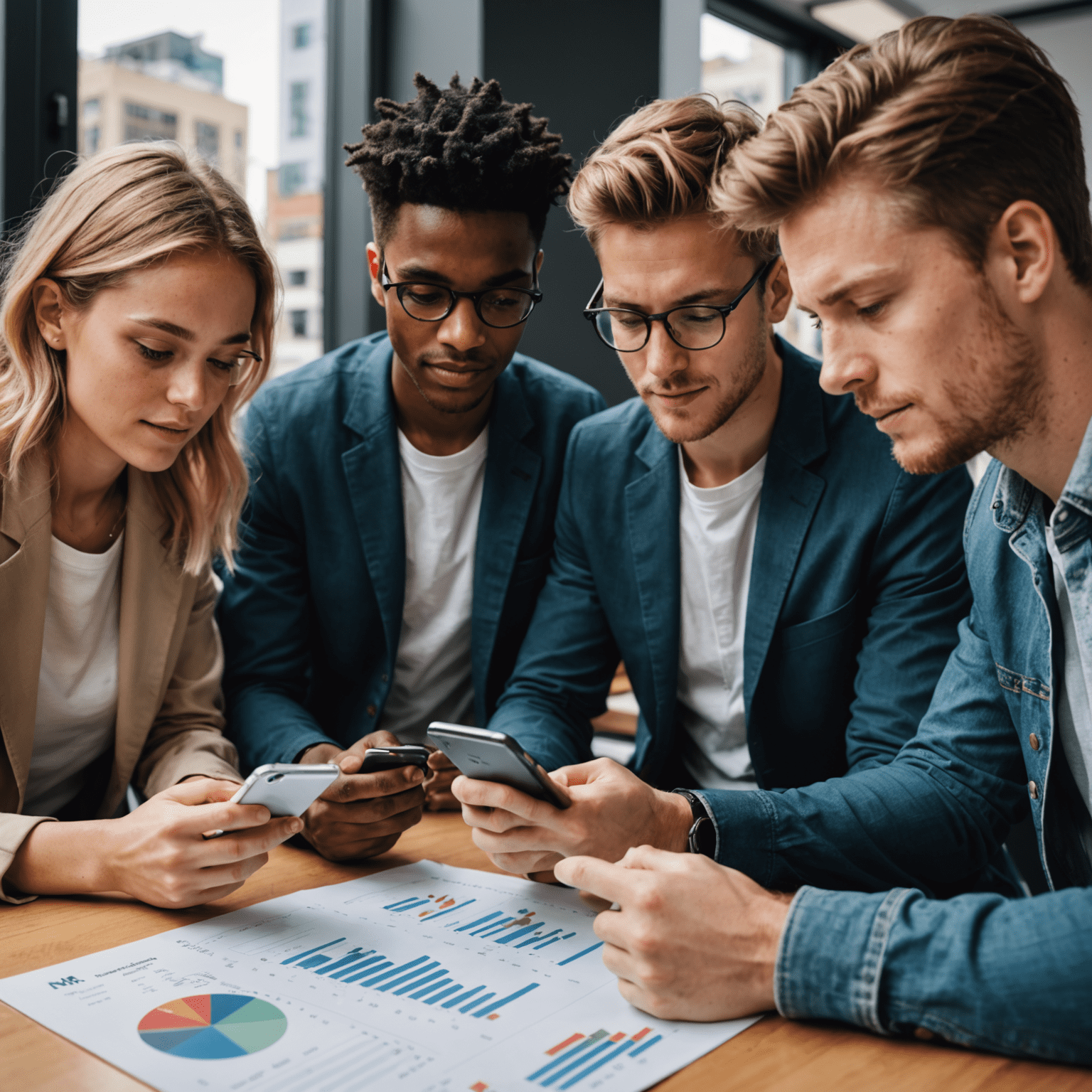 A diverse group of young Australians looking at investment charts and graphs on a smartphone