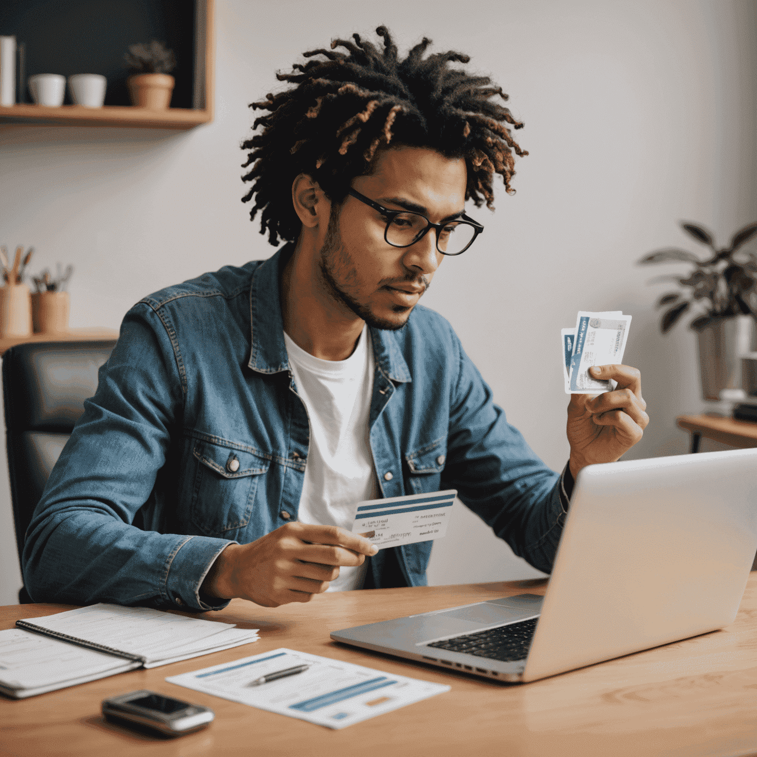 A person shredding credit card bills and consolidating debts on a laptop