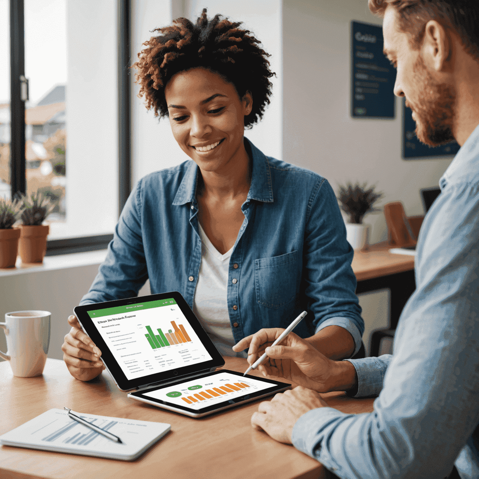 An Australian individual reviewing their credit score on a tablet, with a graph showing improvement over time, highlighting the benefits of our credit score check service