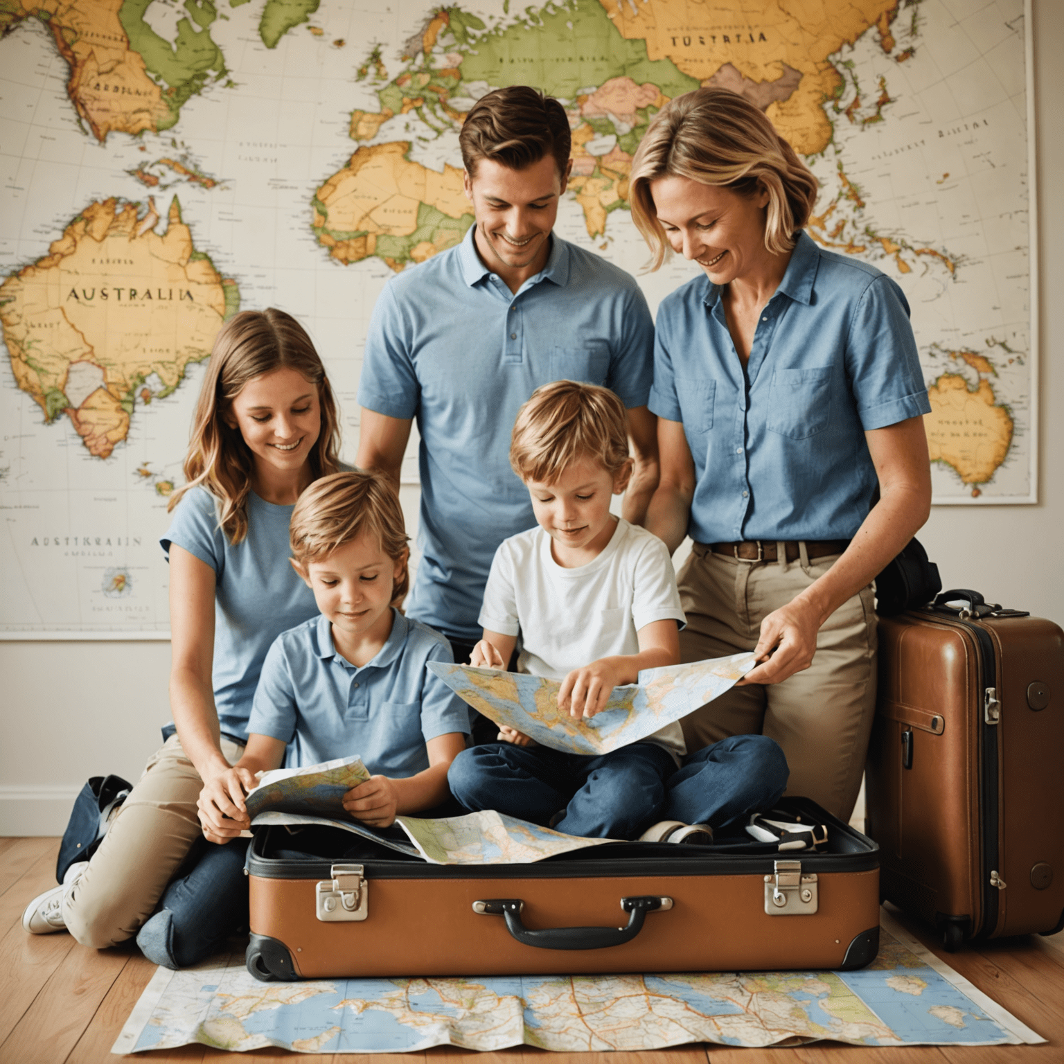 A family packing suitcases for a holiday, with a map of Australia in the background