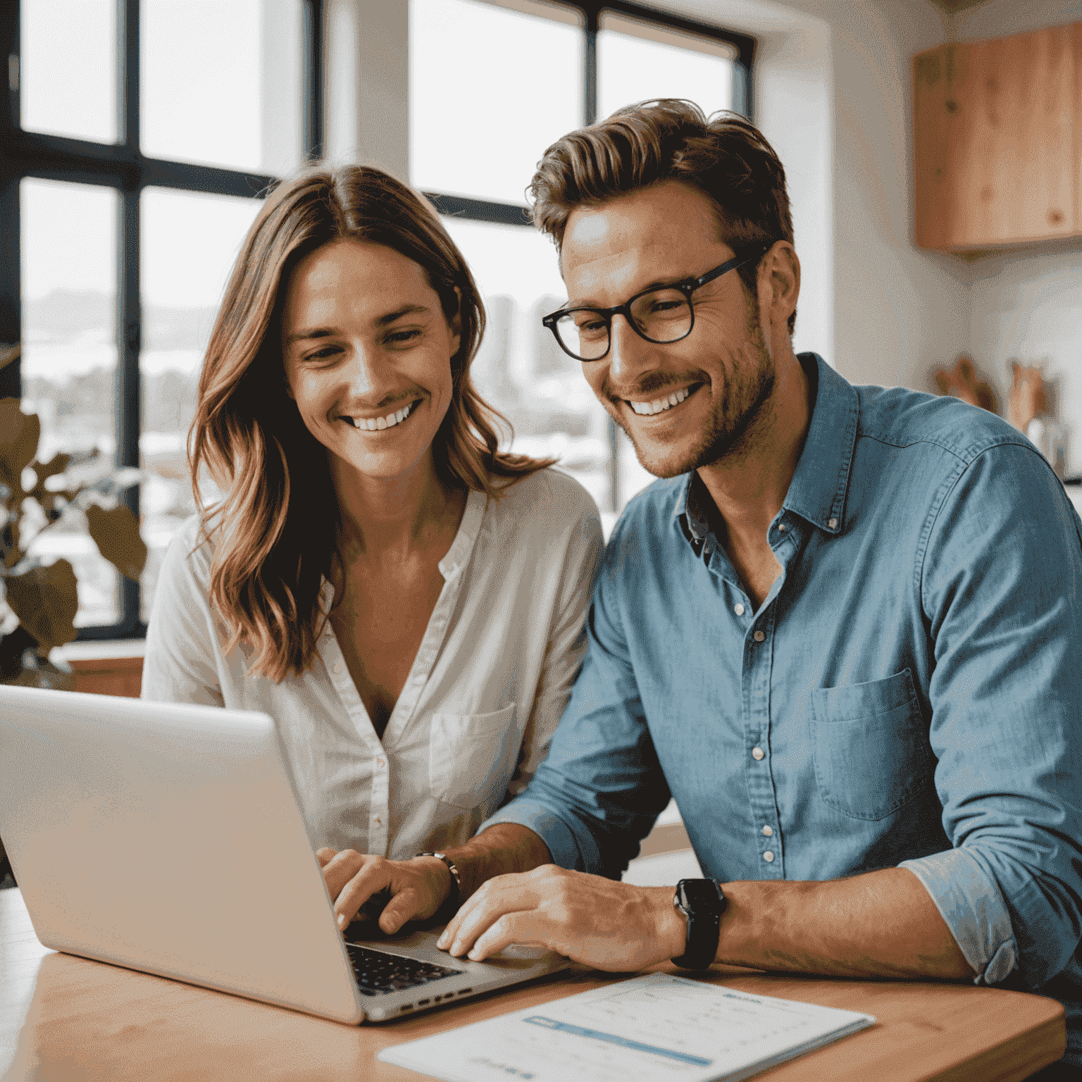 A smiling Australian couple reviewing their savings account growth on a laptop, showcasing the benefits of our high-interest savings options