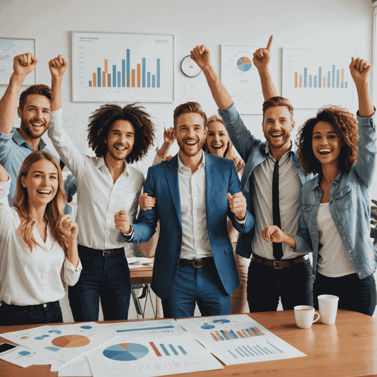 A group of Australians celebrating financial success, with charts showing improved finances in the background